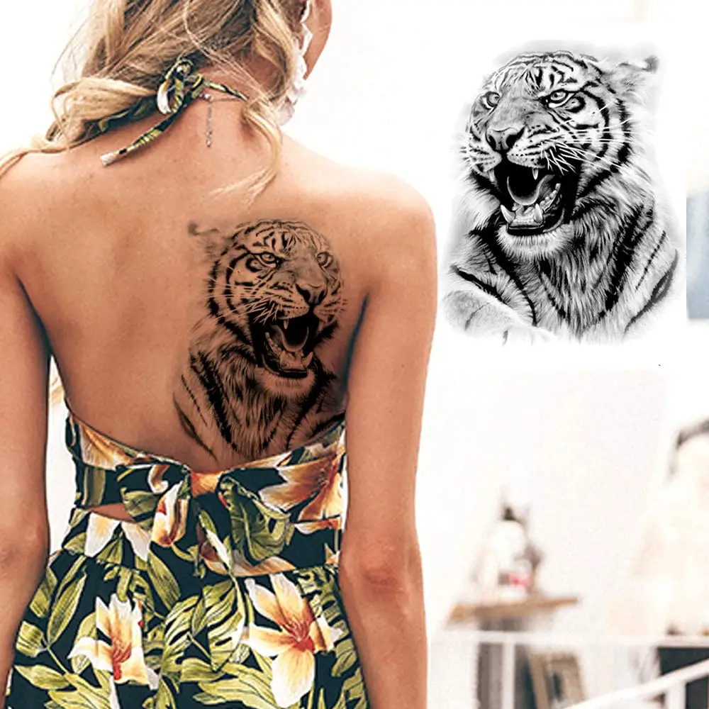 Tribal Lion King Temporary Tattoo Stickers For Men Cool Black Ink Tiger Drawing Waterproof Fake Tattoos Body Art Large Tattoo