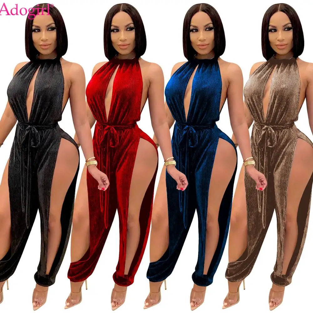 

Adogirl Women Sexy Velvet Split Jumpsuit With Belt Halter Sleeveless Hollow Out Corduroy Romper Autumn Winter Night Club Overall