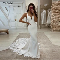 verngo simple mermaid soft satin wedding dress v neck sleeveless long lace applique train bridal gowns buttons back custom made