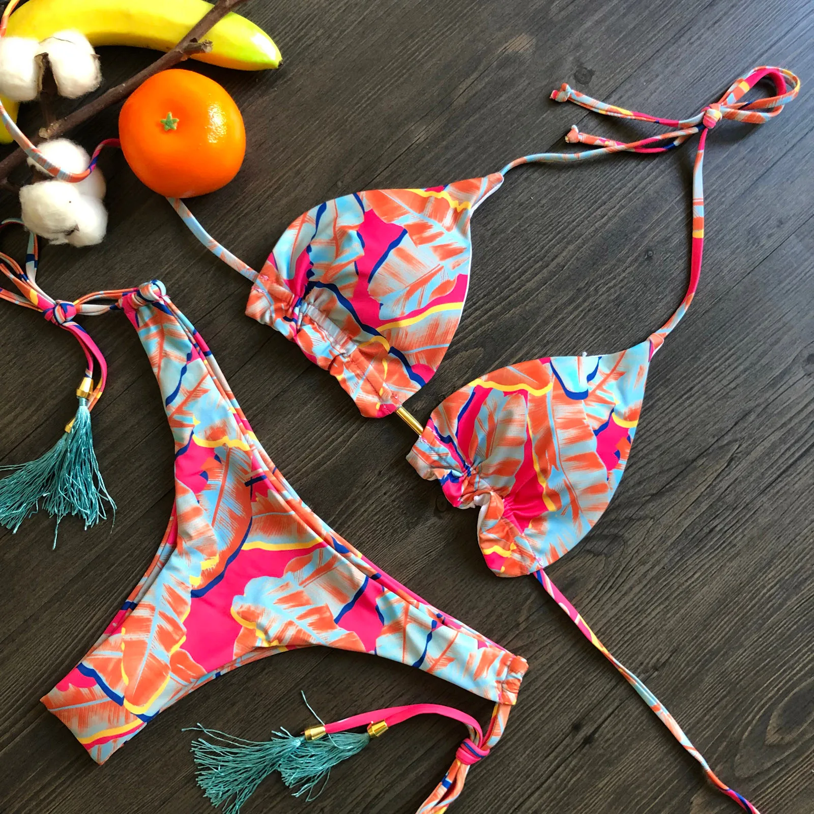 

2pcs Women Swimsuits Bikini Set Push-Up Padded Top Low Waist Print Tassel Bandage Thong Swimwear Sexy Summer Beachwear 2021