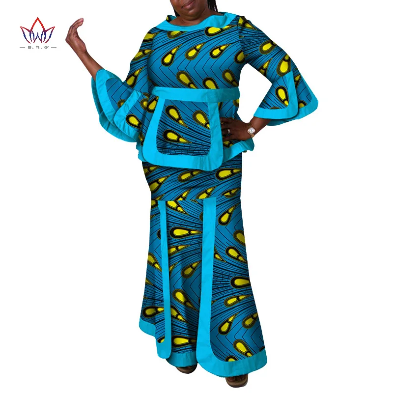 2021 New Autumn African Women Two-pieces Set Long Ruffle Sleeves + Mermaid Ankle Length Skirt 2 Pieces African Style WY2718