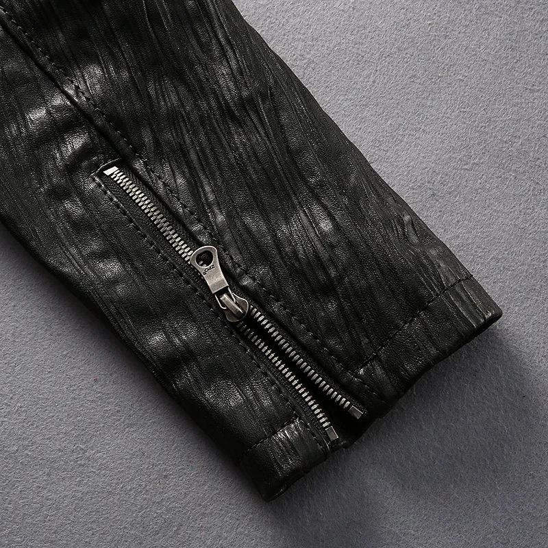 

Men 2021 New Vegetable tannin Goatskin Black Genuine Motorcycle leather Fashion Fold Goat Skin Stand collar Casual jacket