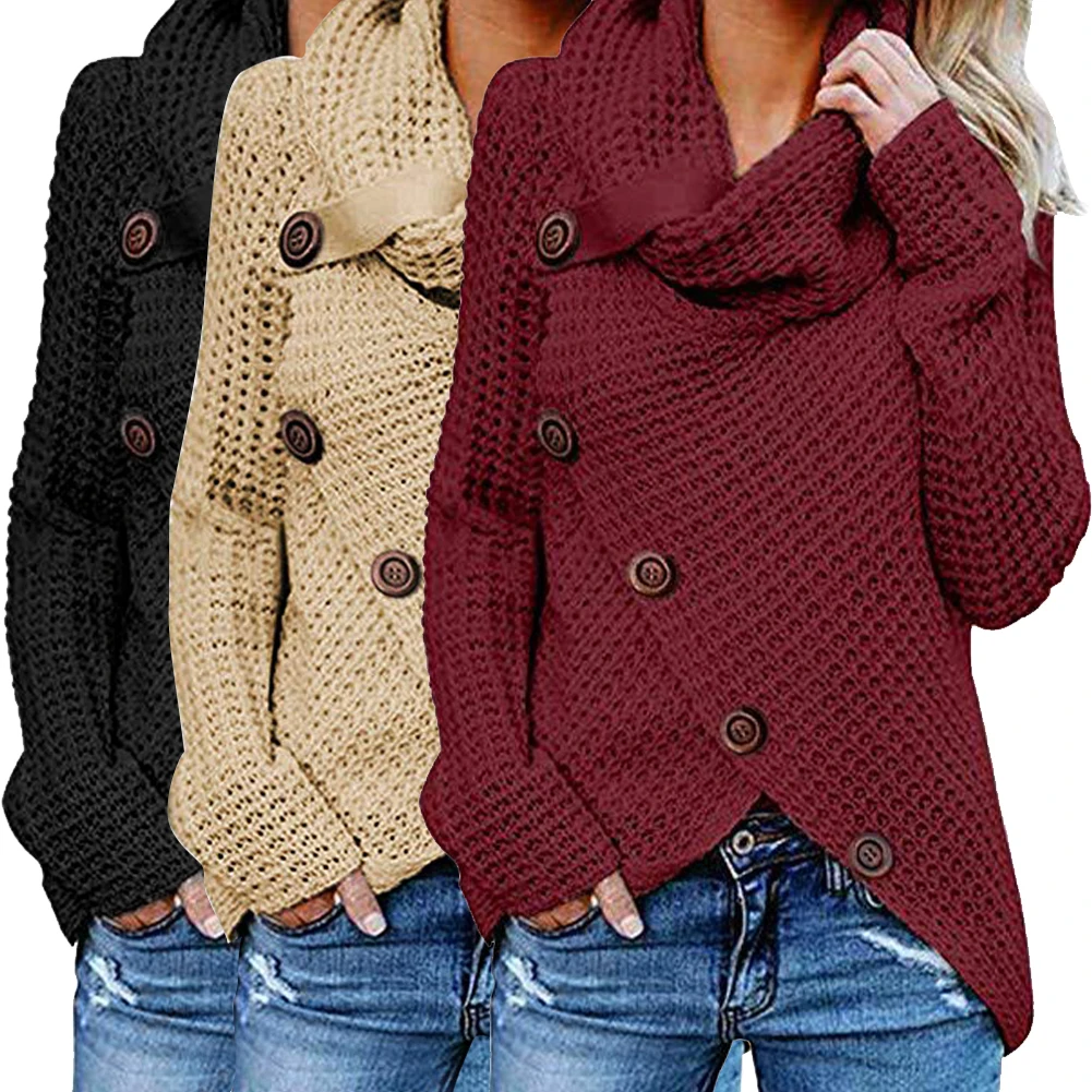 Warm High Collar Button Party Hip Long Sleeve Shopping Casual Solid Daily Autumn Winter Women Sweater Loose Dating | Женская одежда