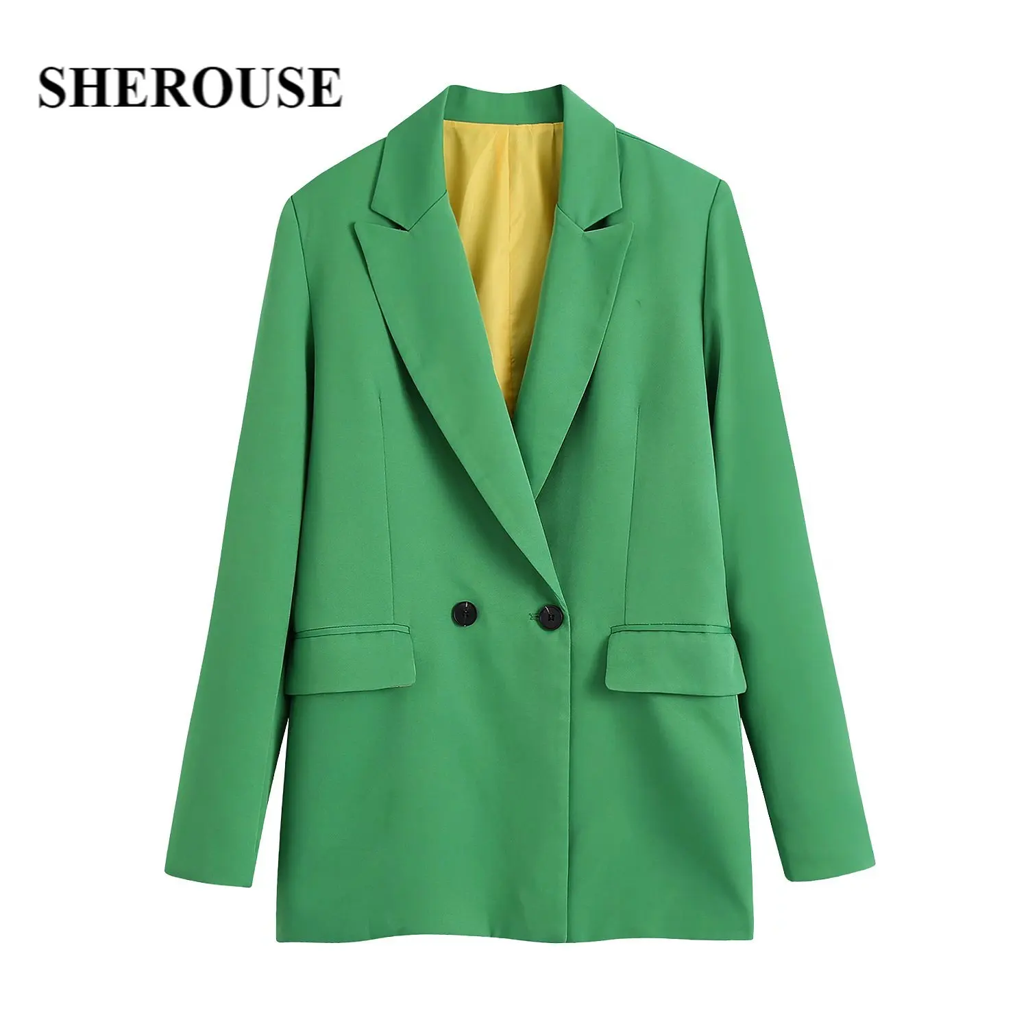 

Женский элегантный двубортный Блейзер SHEROUSE, повседневный офисный Блейзер зеленого цвета с длинными рукавами, модный Женский блейзер