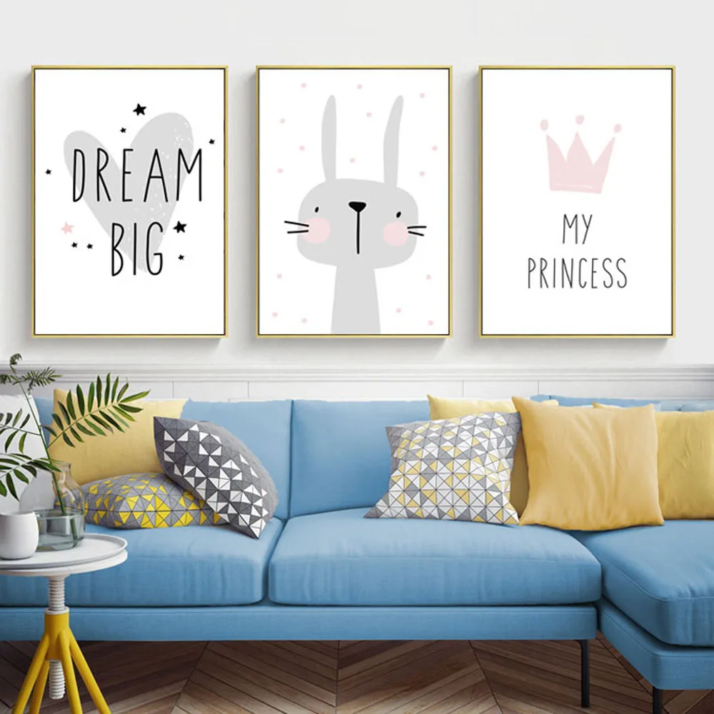 Скандинавские постеры и принты розовый мультфильм кролик животное холст