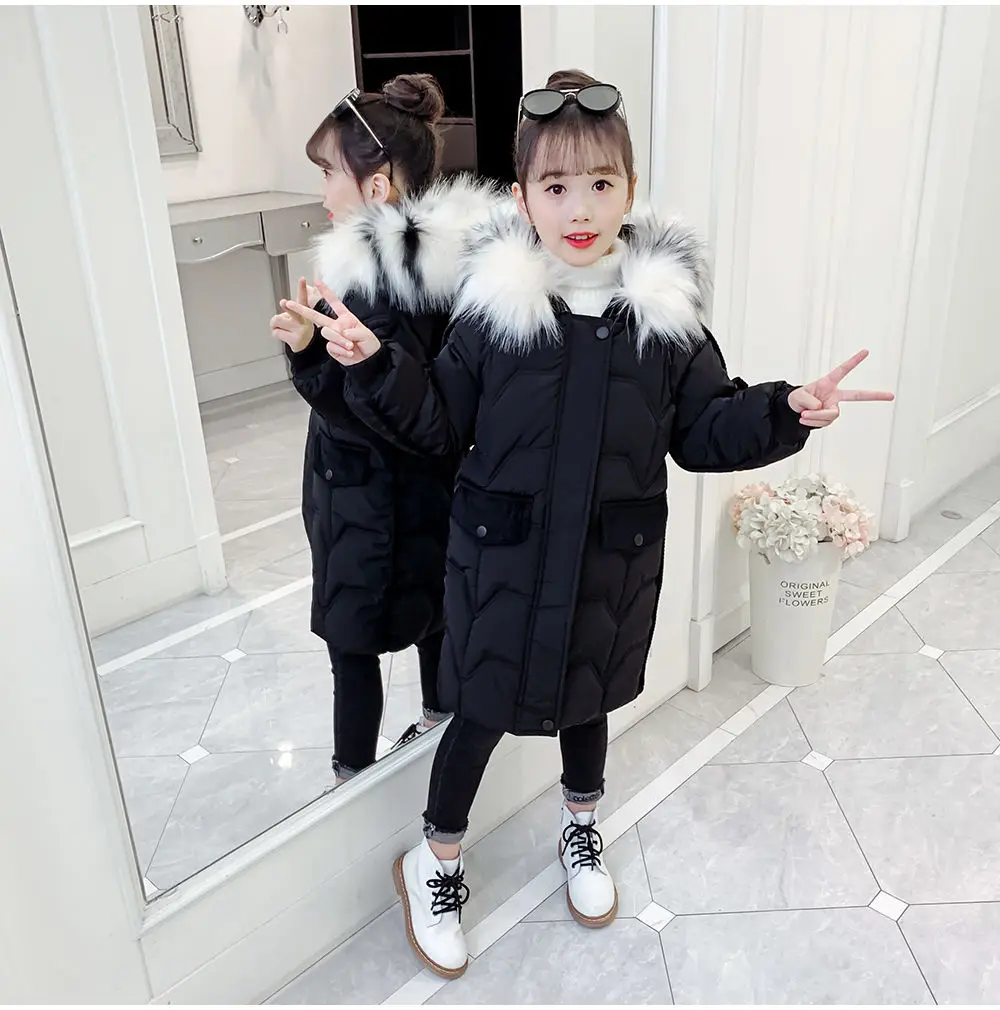 

New Fashion Girls Plush Hooded Cotton Down Jacket Children Mid-length Outerwear Kids Ziped Snowsuit Windproof Thick Warm Coat