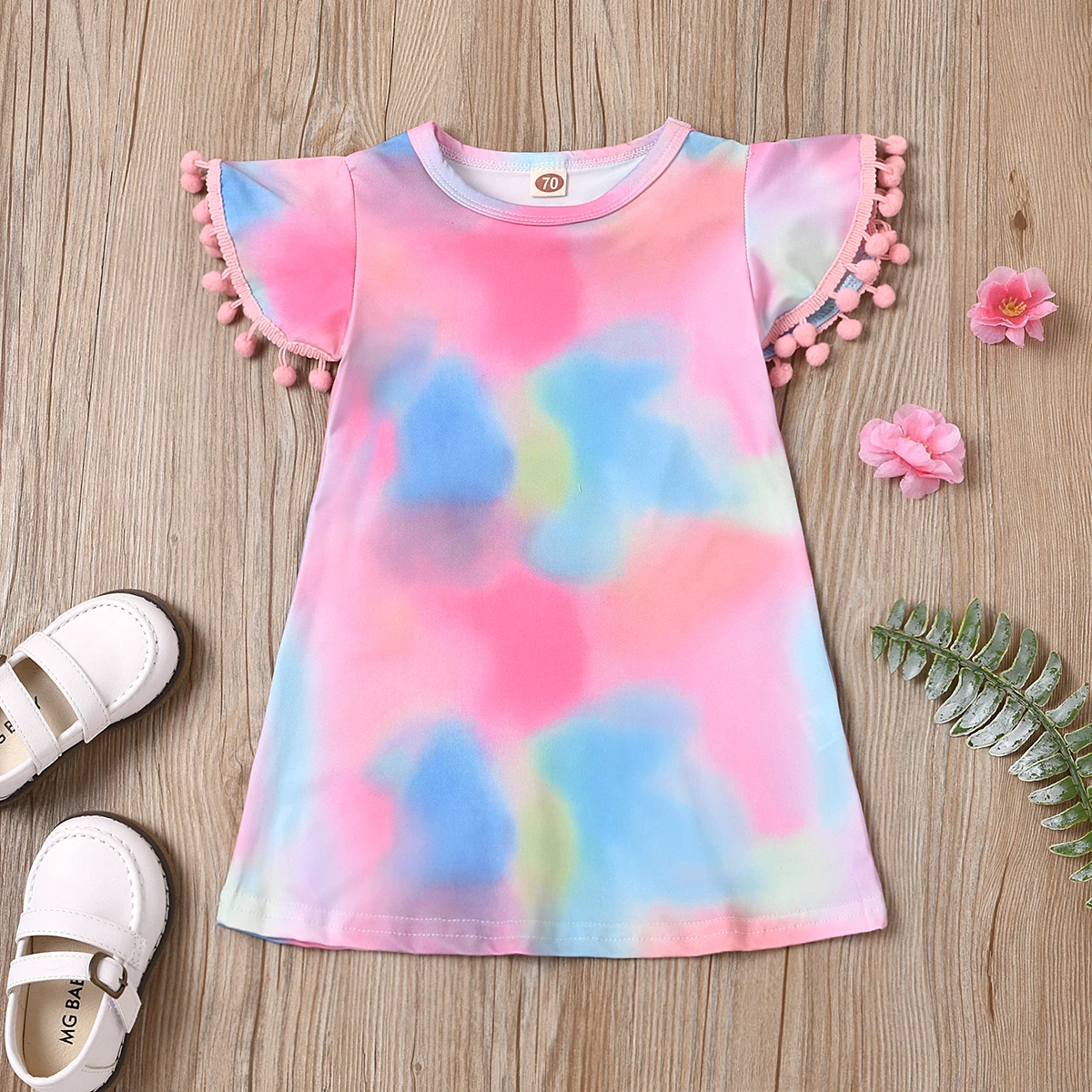 

Girls Korean Fly Sleeve Dress Fashion Pom Pom Ball Tie-dye Round Neck Childrens A-line Princess Dress
