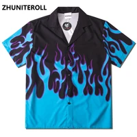 2021 blue fire flame print hawaiian beach shirts hip hop button shirt mens summer fashion short sleeve holiday party blouse tops