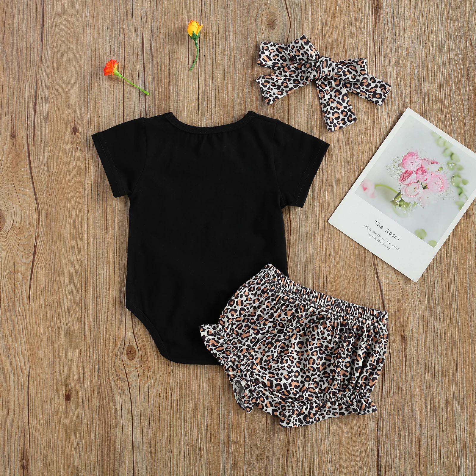 

2021 New Summer 0-12M Baby Girl 3Pcs Set DADDY GIRL Black Short Sleeve Letter Print Bodysuit+Leopard Shorts+Headband Clothes