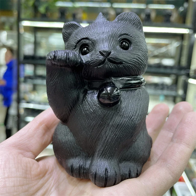 

10cm Cute Natural Stone Black Obsidian Handmade Carved Cat Animal Powerful Statue For Home Decoration Gift