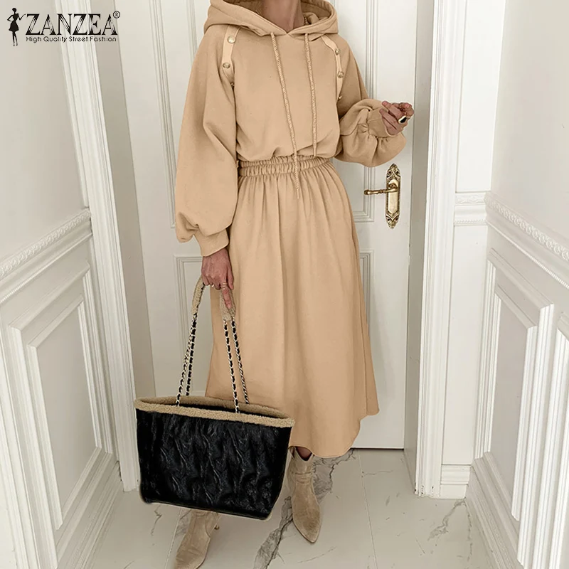 

Осень-зима 2022, платье с капюшоном ZANZEA, праздничные толстовки, Vestido, женские повседневные платья миди, женское элегантное однотонное платье-с...