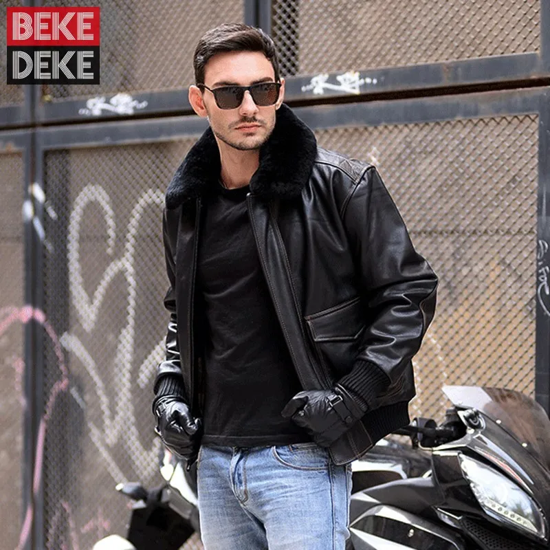 

Fashion New 100% Real Leather Mens Short Jacket Pilot Fur Collar Coat Male Military Blouson Cuir Homme Top Quality Bomber Jacket