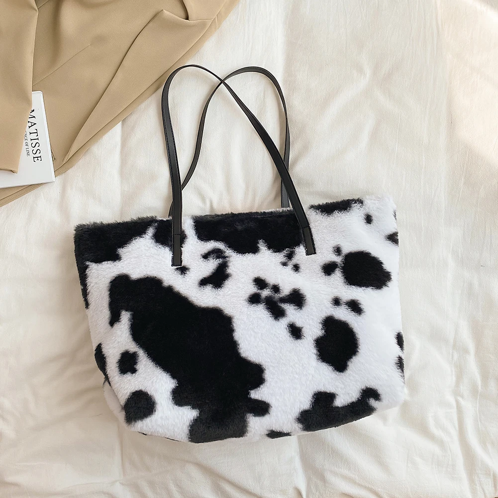 

Cow Zebra Leopard Print Shoulder Bag Female Casual Shopping Bags Women Vintage Autumn Winter Plush Large Capacity Tote Handbags