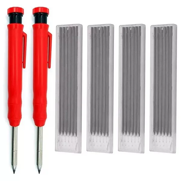 Solid Carpenter Pencils Built-In Sharpener Set Red Marking Pen Refill Leads Woodworking Construction Deep Hole Scribe Tools