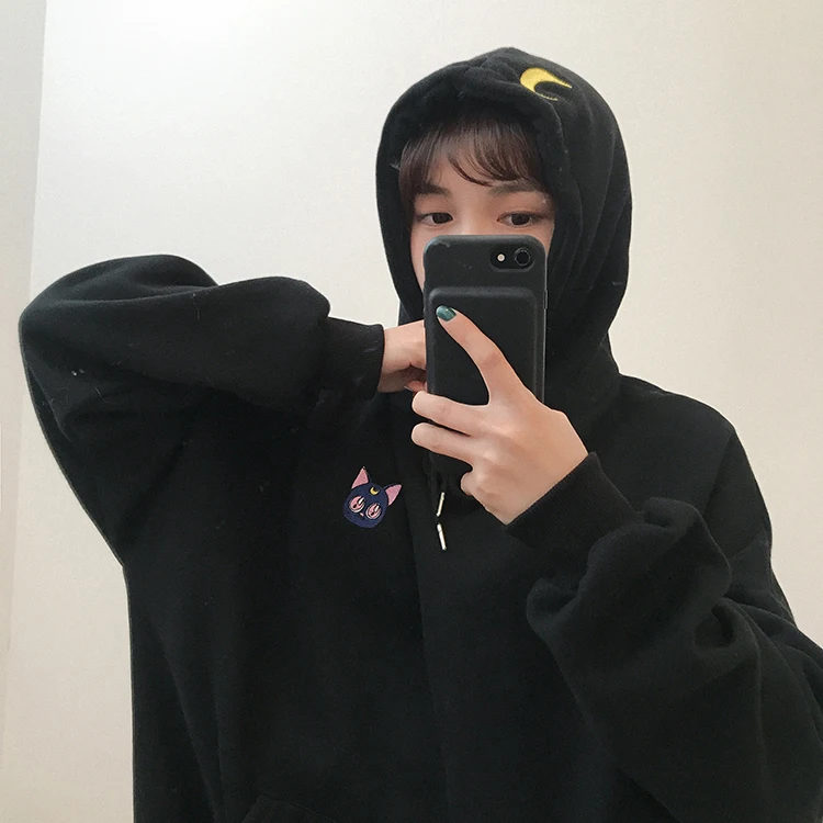 Вышитые Луна кошка розовые толстовки для женщин Kawaii корейский стиль свободная толстовка с капюшоном пуловеры