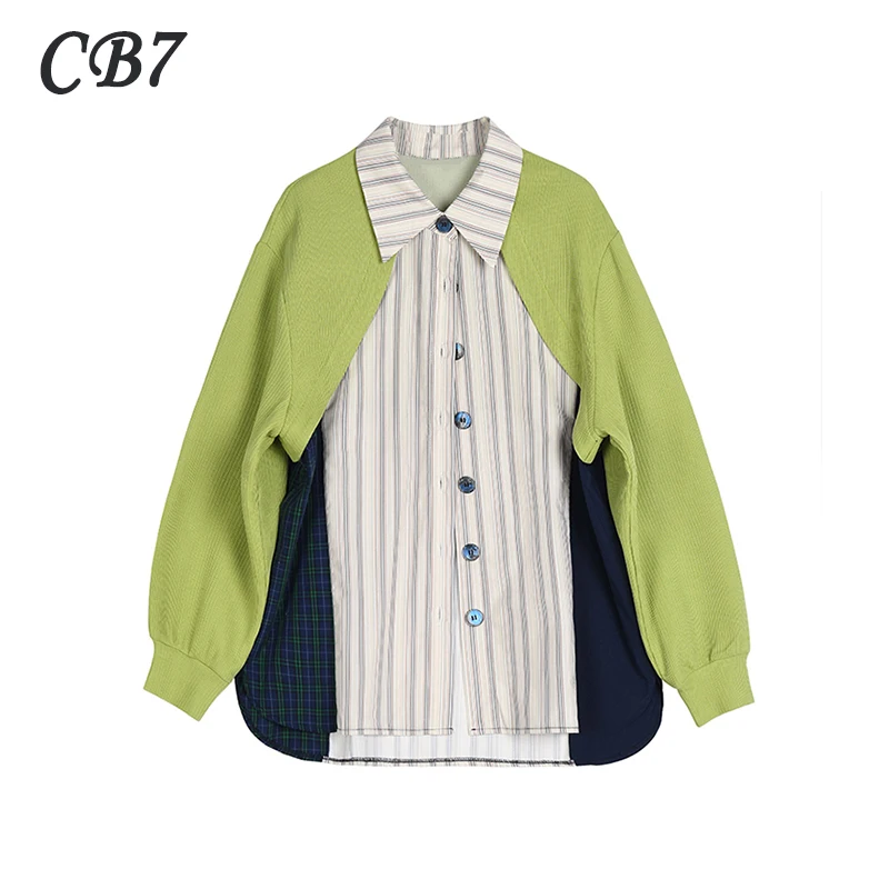 2021 Spring Autumn Women Shirts Lapel long Sleeve Fake Two-Piece Contrast Shirt Stripe Splicing Kore