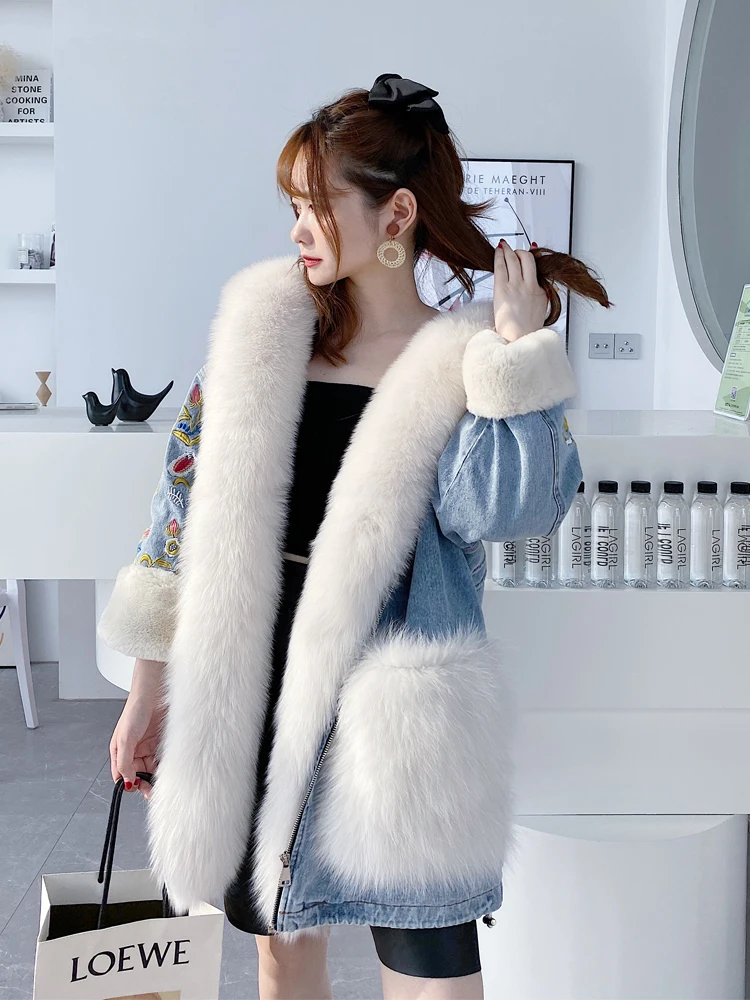 Down Parka Women Winter Jacket with Real Fur Embroidery Denim New Fashion Genuine Rabbit Fur Coat Women Plus Size Fox Fur Jacket
