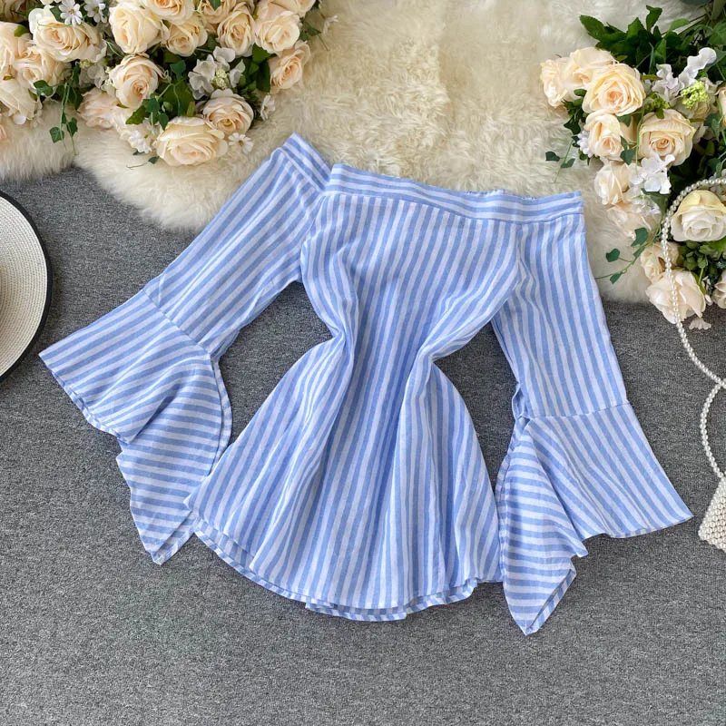 

Classic Striped Flare Sleeve Women Blouse Top Summer Retro Slash Neck Stripes Shirt Top
