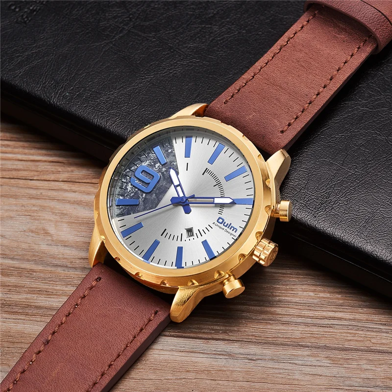 Oulm Мужские часы с коричневым кожаным ремешком Авто Дата кварцевые наручные