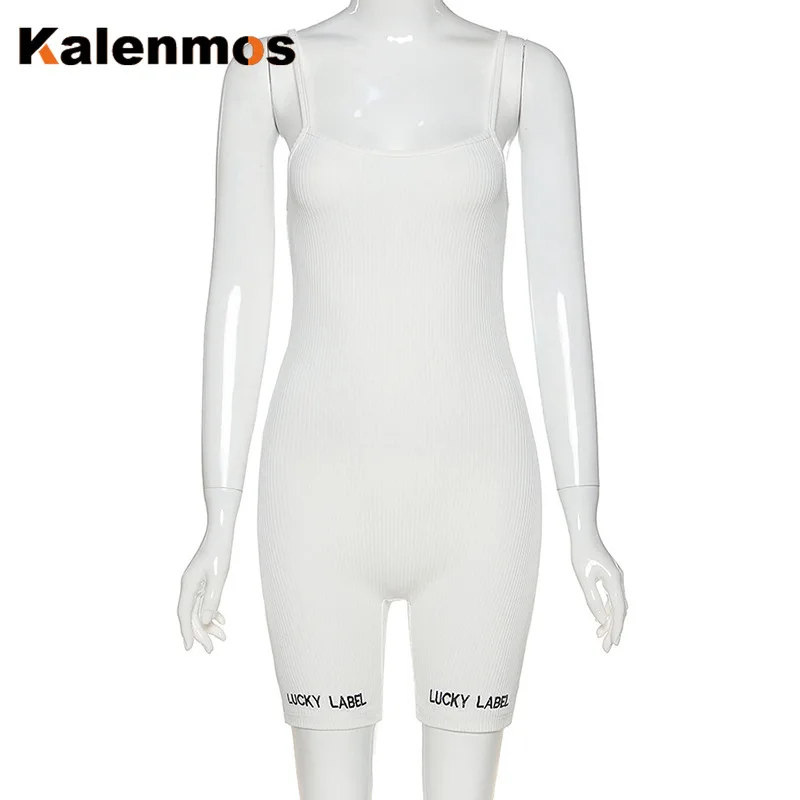 

KALENMOS Suspenders Rompers Women Summer Playsuit Slash Neck Letters Embroidery Elastic Ribbed Bodysuit Sleeveless Streetwear
