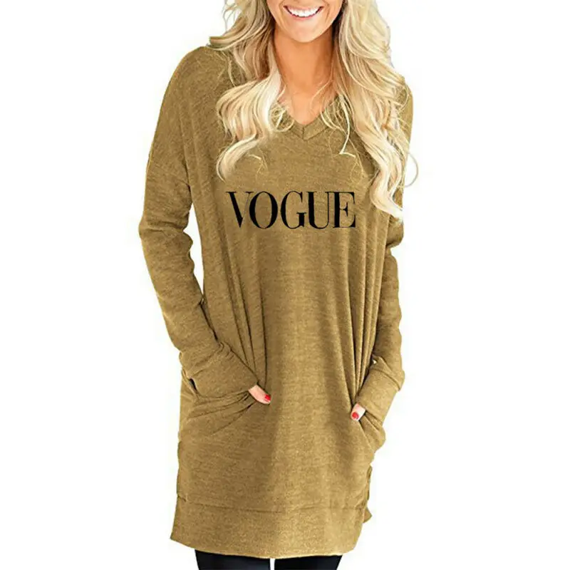 

Women Autumn V-Neck Long Sleeve T-Shirt Pocket Blouse Casual Long Tops Plus Size