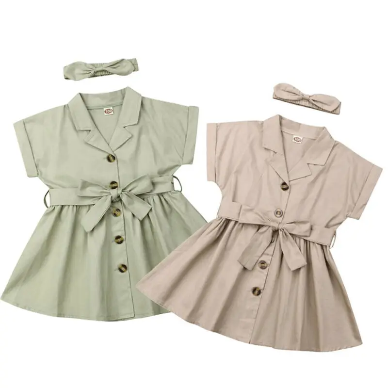 

Toddler Kids Baby Girls Summer Dress Sundress Turn-down Collar Single Breasted Solid Dresses With Bow Headband