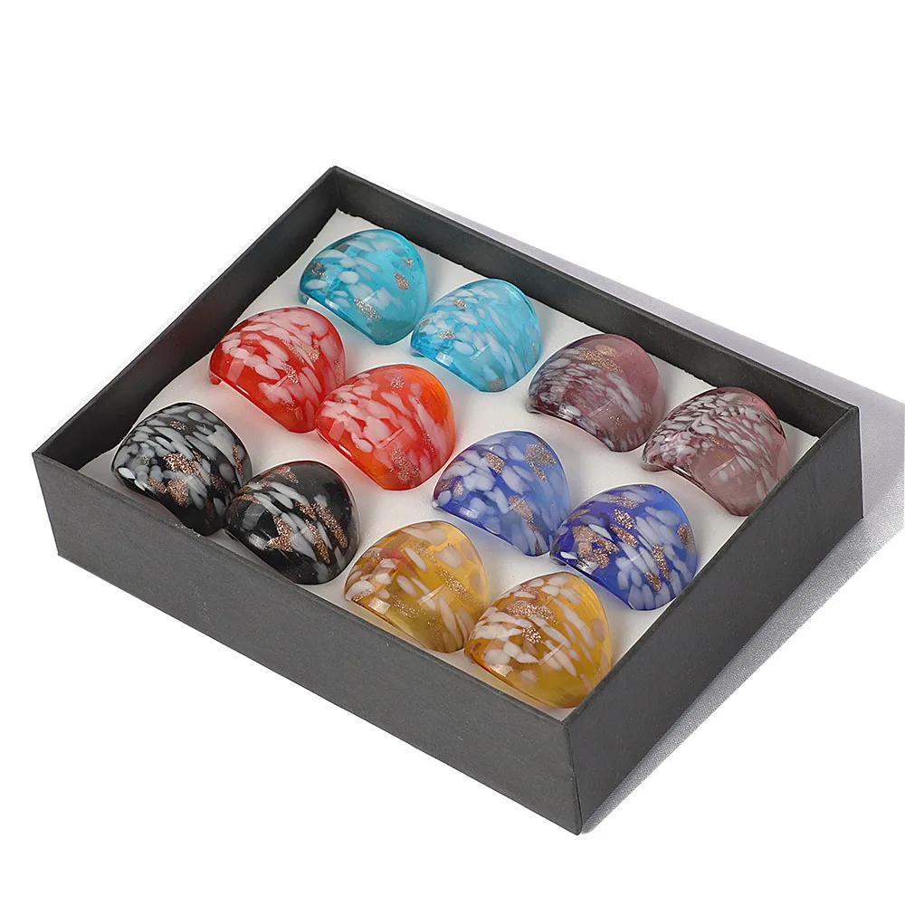 

Wholesale Lots Mix 12Pcs Summer Style Murano Glass Lampwork Ring Birthday Men Women Wedding Party Valentine Gift Fashion Jewelry