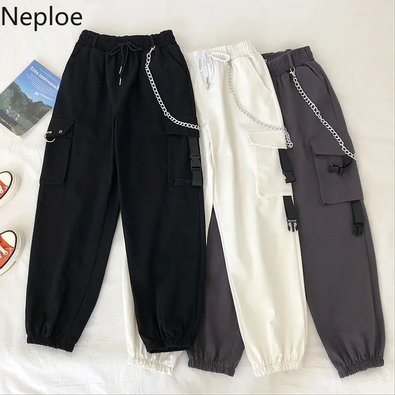 Женские брюки с высокой талией на шнурках карманами корейская мода весна 2020