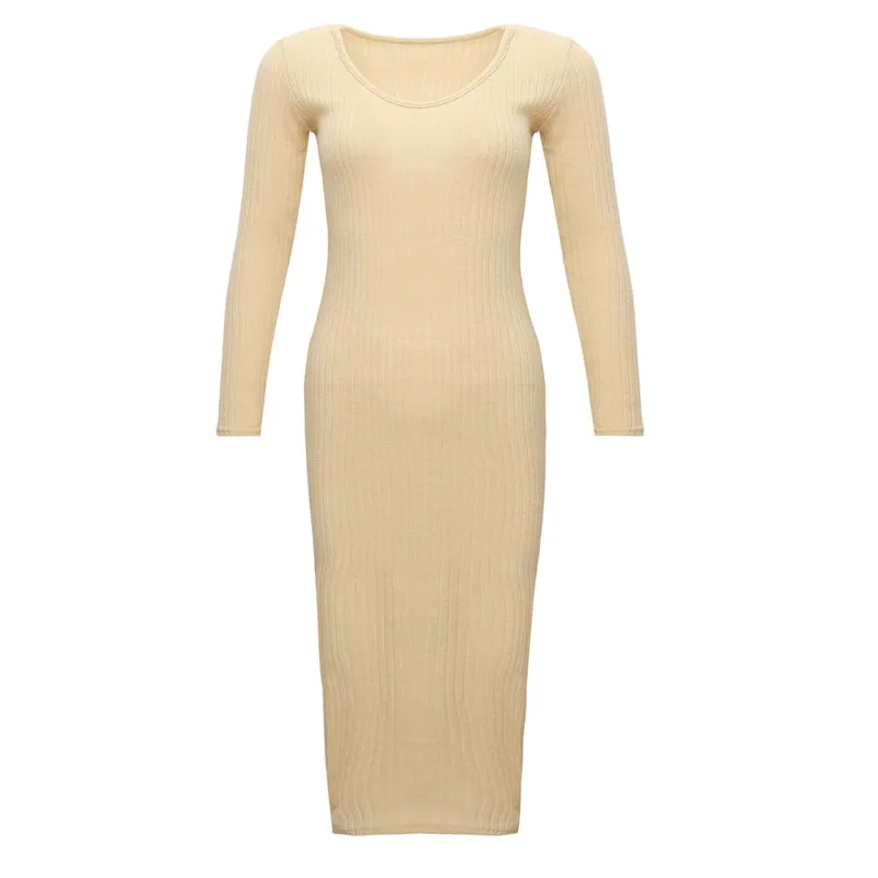 

GAOKE Long Sleeve V Neck Off Shoulder Bodycon Ribbed Knit Dress Women Autumn Winter Solid Slim Midi Women Dress