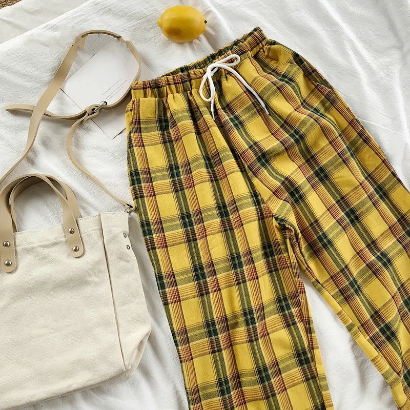 Женские винтажные клетчатые брюки летние свободные хлопковые до щиколотки с