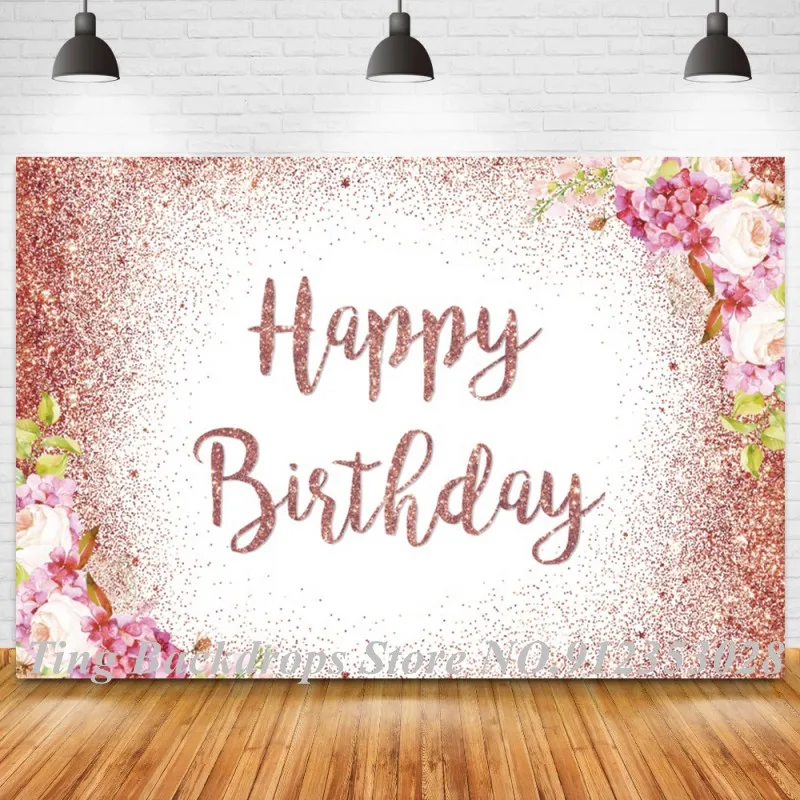 

Pink Glitter Floral Happy Women Birthday Backdrops Custom Name Photography Background Photo Shoot Photozone Decor