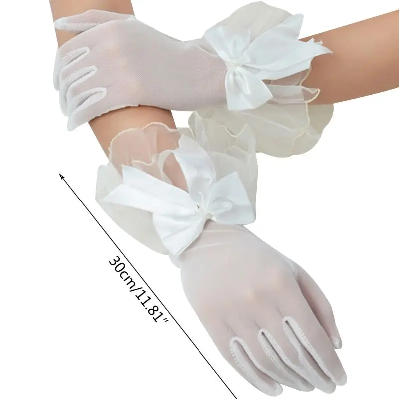 

2021 New Wedding Bridal Sheer Mesh Thin Short Gloves Satin Bowknot Wavy Ruffles Mittens