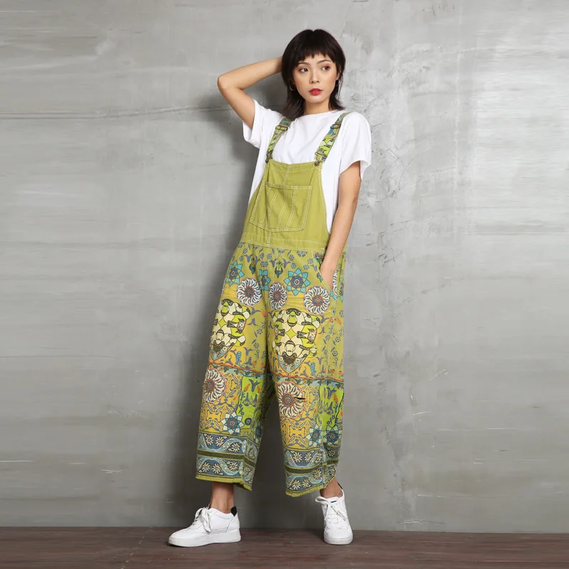 Женский джинсовый комбинезон с принтом повседневный длинный из денима широкими