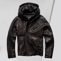 spring and autumn leisure hooded genuine leather clothes mens japanese style retro 2021 new oblique zipper leather jacket