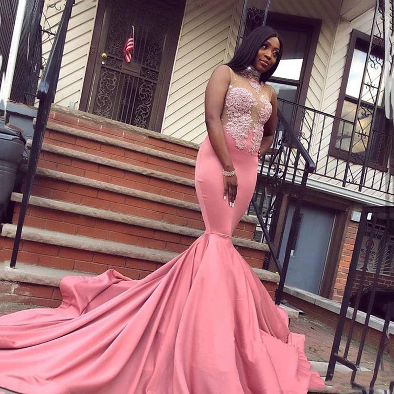 

Black Girls Mermaid Prom Dresses Long Sexy Sheer Bust Pink Formal Evening Gowns High Neck Lace Cocktail Party Dress