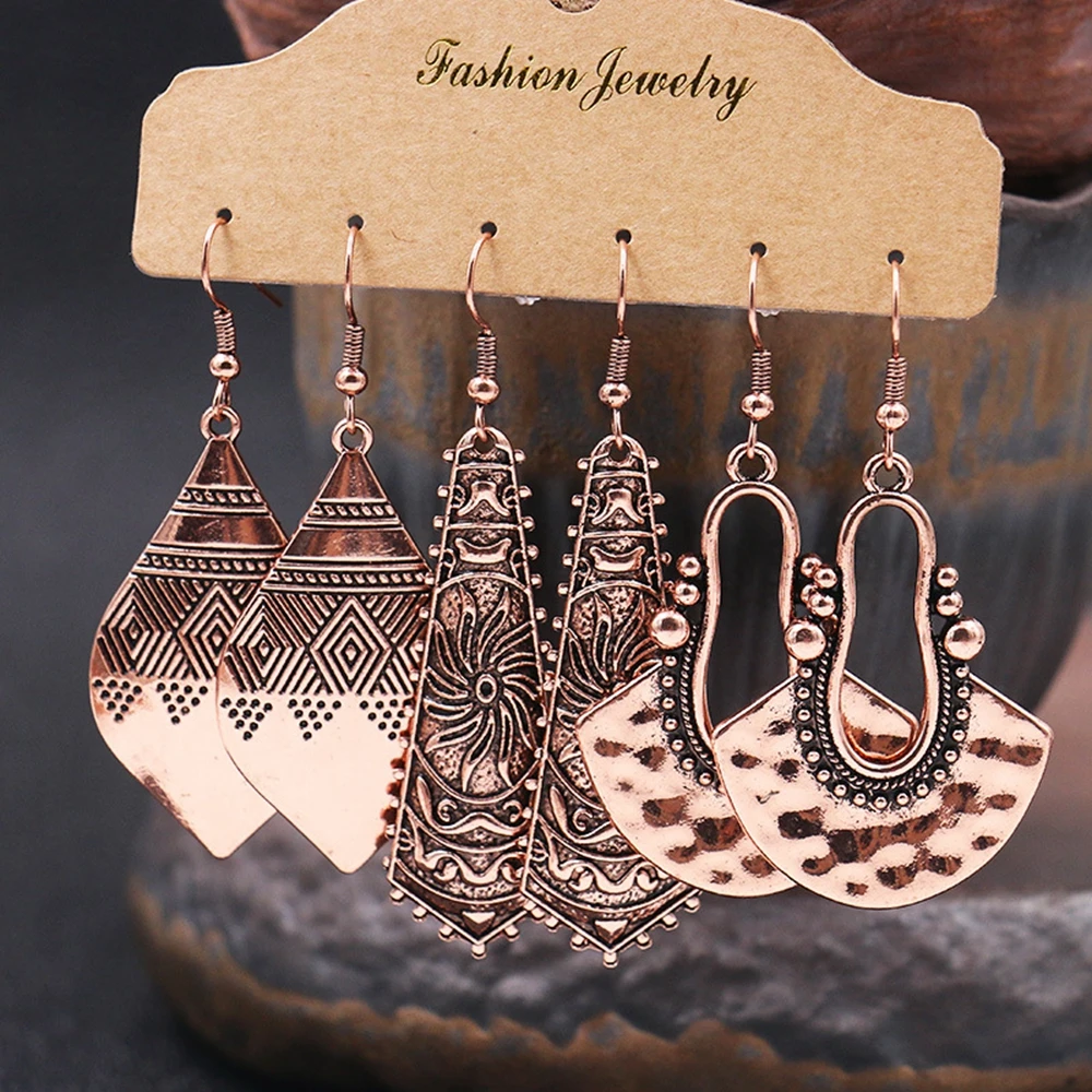 

3 Pairs Metal Women's Earrings Retro Punk Style Bohemian Tassel Geometric Pendant Drop Earrings Hook Fashion Accessories