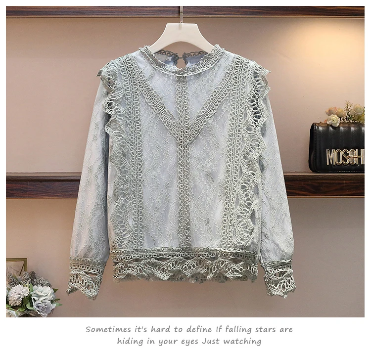 L-4XL размера плюс, Женская кружевная блузка, зима, модные кружевные вязанные крючком Лоскутные с длинным рукавом, утолщенные элегантные рубашки, женские топы