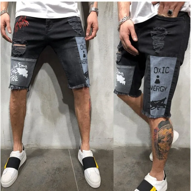 

2021 New Men Stretchy Ripped Skinny Biker Embroidery Print Jeans shorts Destroyed Hole Taped Slim Fit High Quality Denim Shorts