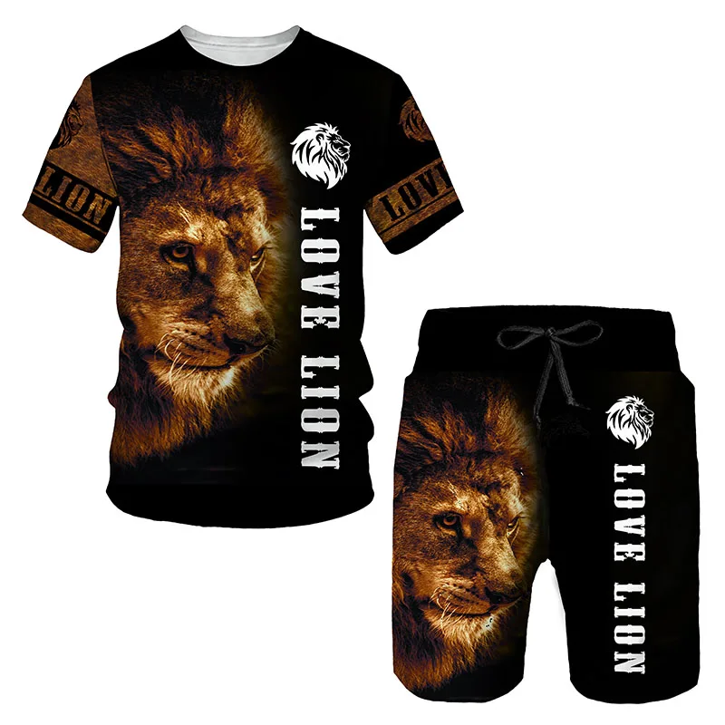 

Summer New Fashion Animal Print Tiger Lion King Suit T-shirt Men's 3DT Top Short Sleeve Top