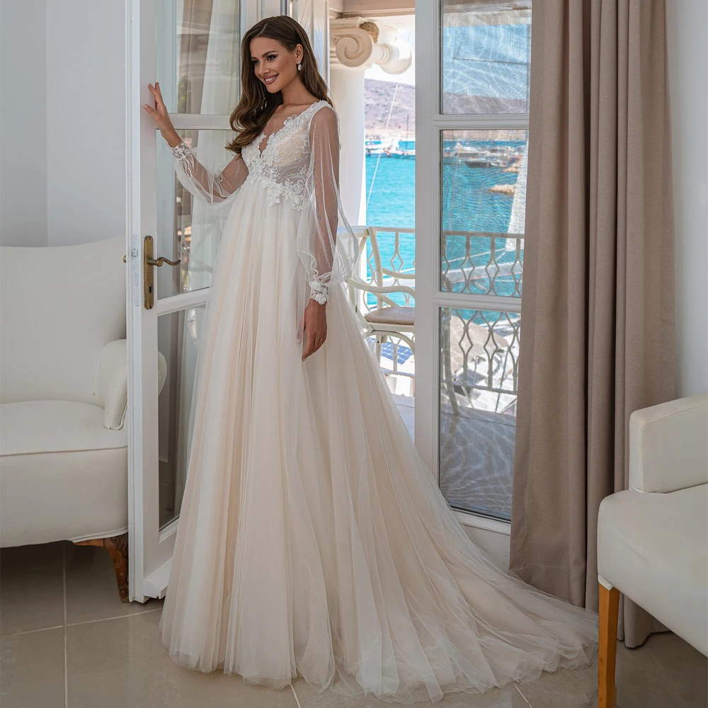

Charming Puff Sleeves Wedding Gowns V Neck Lace Appliques A Line Bridal Gowns Beading Sequin Soft Tulle Wedding Dress