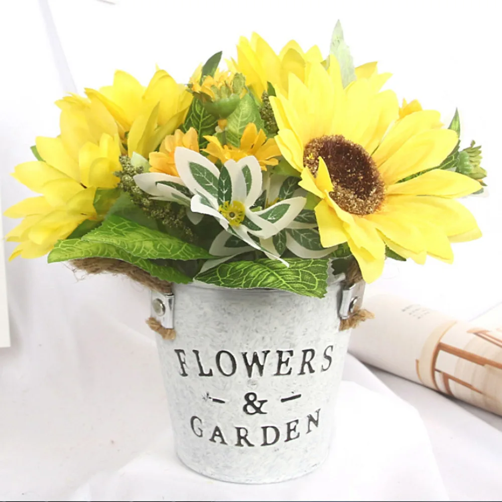 Sun Flower Metal Pot Bonsai Ornaments Plant Set Decorations Tin Bucket Artificial Daisy Bouquet With Vase Retro Sunflower | Дом и сад