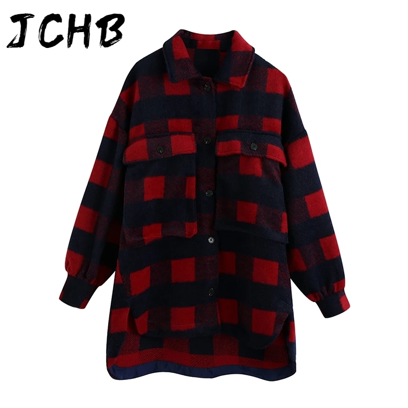 

JCHB Batwing Long Sleeve Loose Pocket Coat Women Lapel Collar Oversized Plaid Jacket Casual Office Wear Ladies Tops Outerwear