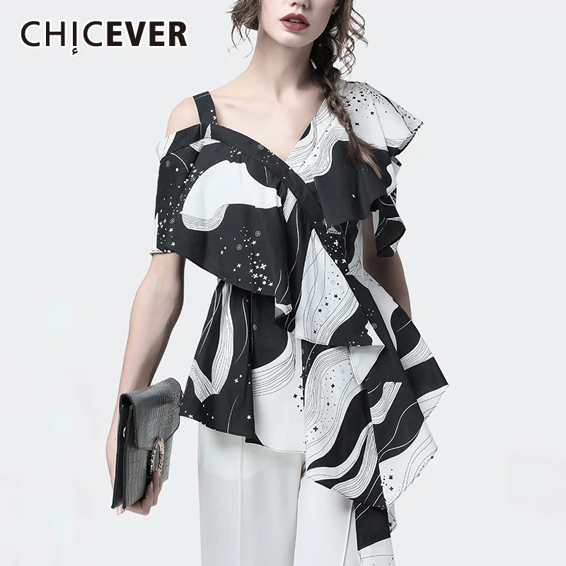 CHICEVER/корейские модные женские блузки с принтом,, v-образный вырез, оборки, открытые плечи, подол, асимметричная блуза, топ, женская новая летняя одежда