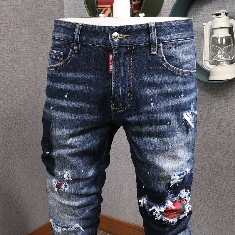 European Street Fashion Men Jeans Retro Blue Slim Fit Ripped Jeans Men England Style Patches Designer Hip Hop Denim Punk Pants
