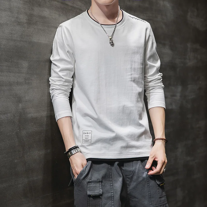 

2021 New Cotton Men's T-Shirt Long Sleeve T-Shirt Men's solid color round collar fashion versatile oversize T-Shirt