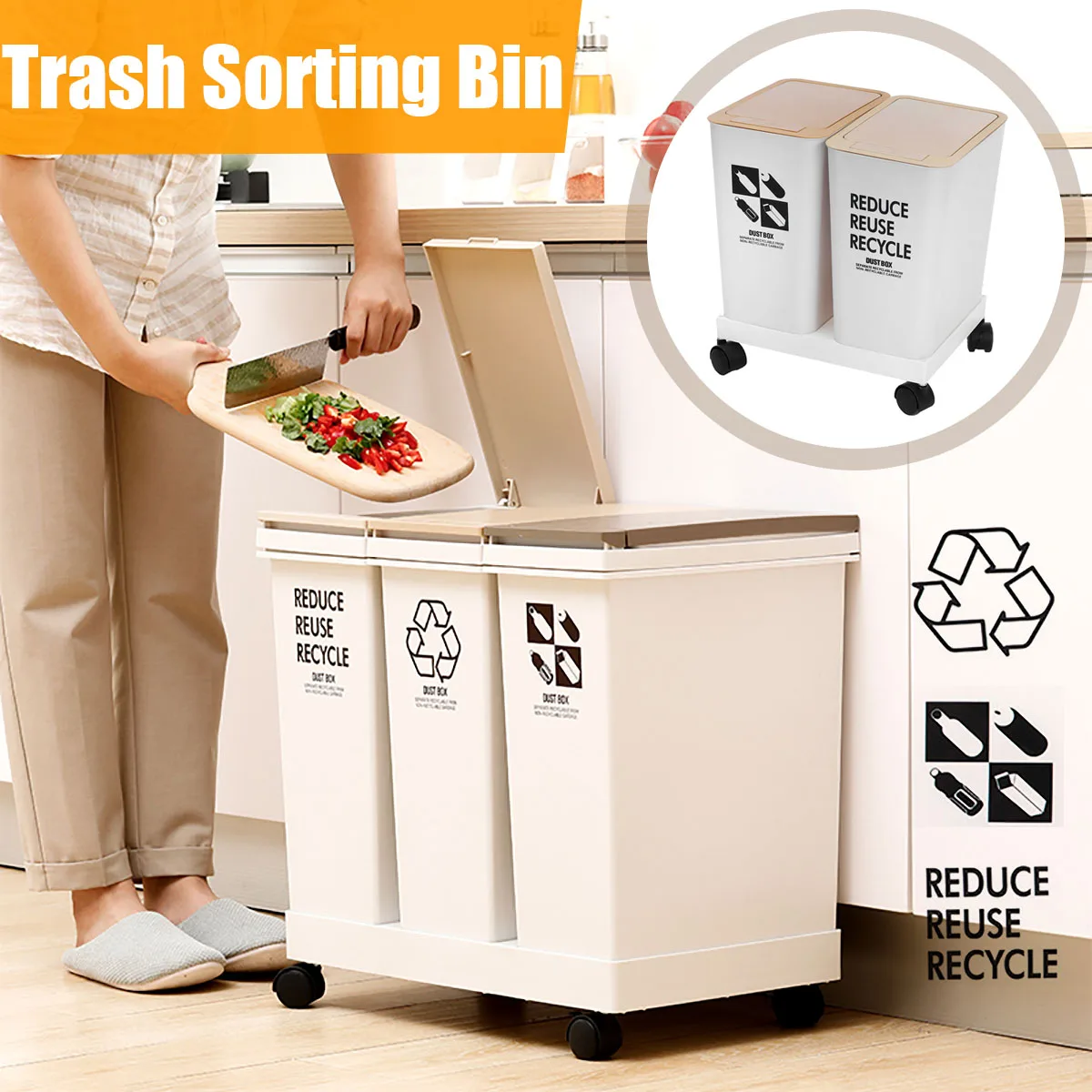 24/36L Kitchen Sorting Waste Bin Home Corner Garbage Bucket Floor Standing Space Saving Wet Dry Sorted Trash Can With Wheels | Дом и сад