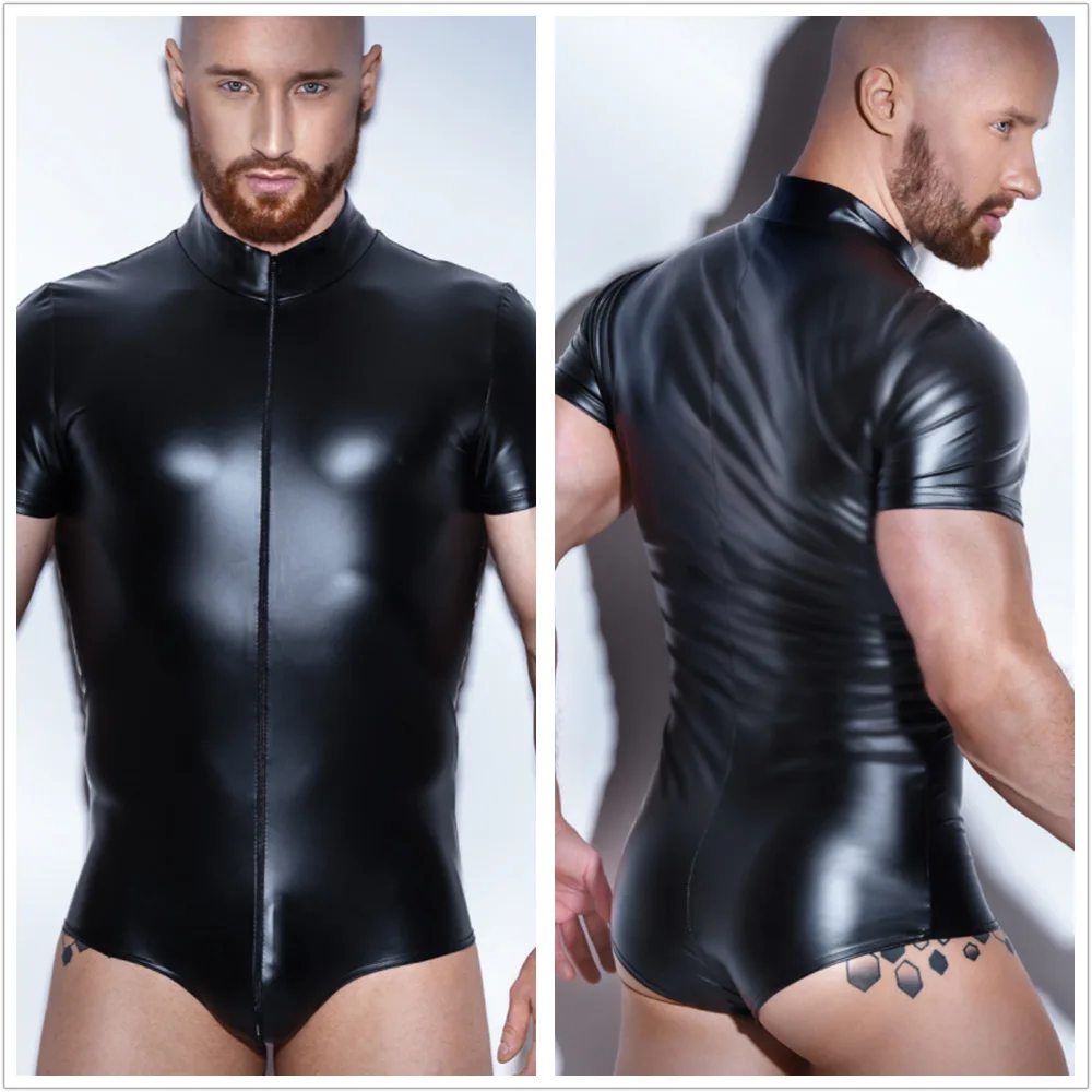 Черный латекс ПВХ боди для мужчин искусственная кожа Комбинезон гей эротический
