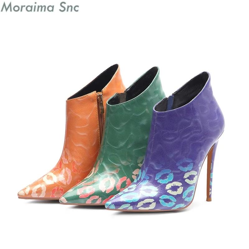 Moraima Snc Women Boots Kiss Printed Zipper Pointed Toe New Arrival Super Fashion Summer Shoes Short Boots Sexy Ankle Boots