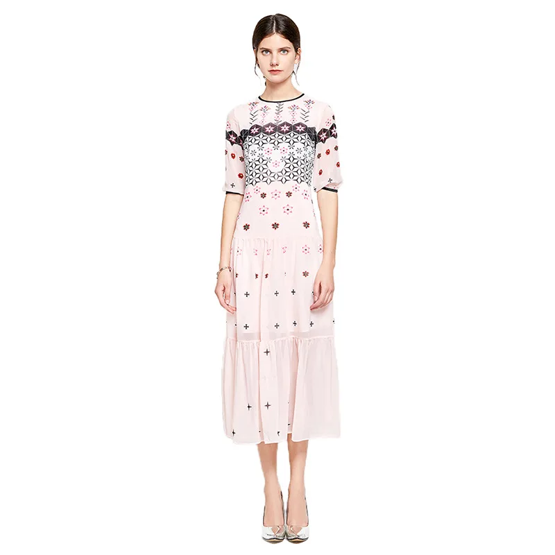 

Brand new design floral print short sleeves elegant high quality 50% silk women's summer dress A336