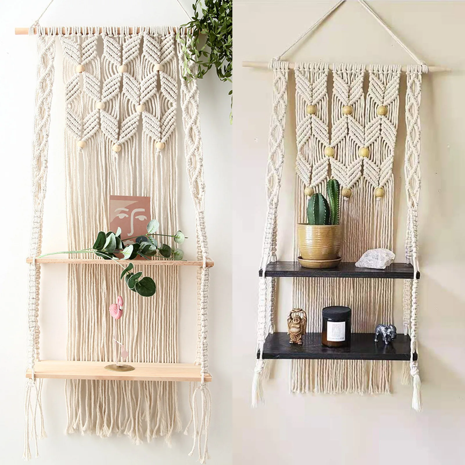 

Hand-Woven Macrame Hanging Planter Basket Wooden Shelves Bohemian Style 2 Layers Rack Wall Hanging Tapestry Home Room Decor